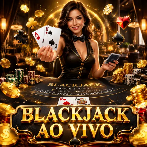 Card do blackjack ao vivo com crupiê distribuindo cartas